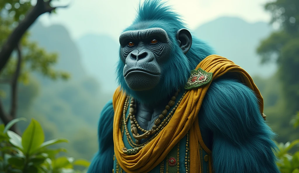 Rwanda as a jungle african League of Legend Gorilla creature in light blue, yellow and green. Intricated clothing. Cinematic Fantasy sci-fi landscape background