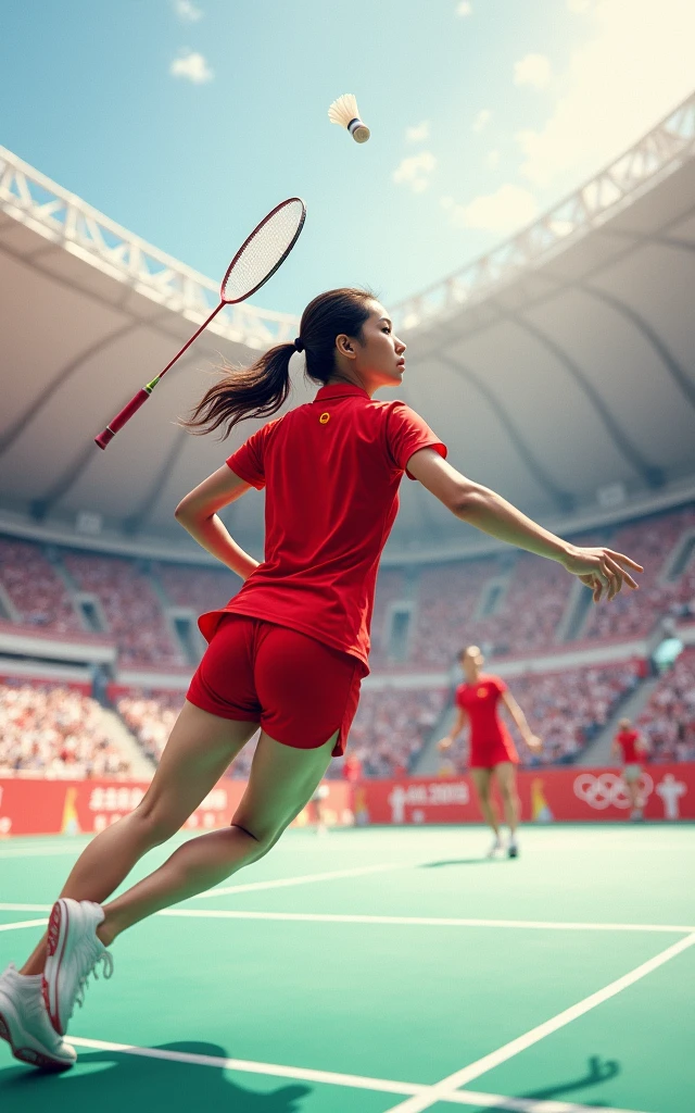Chinese women's badminton,Red outfit,Beautiful facial features,White skin,full-body shot,Panoramic vistas,Wide-angle lens,Serve,Catch the ball,Jump Smash,Intense stimulation,Olympic Games Finals Background