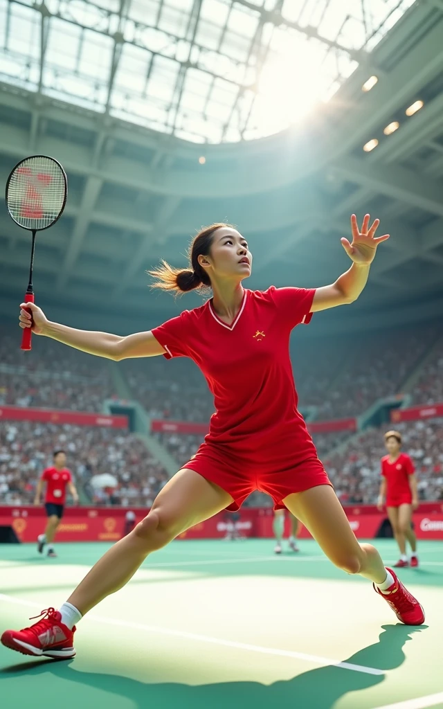 Chinese women's badminton,Red outfit,Beautiful facial features,White skin,full-body shot,Panoramic vistas,Wide-angle lens,Serve,Catch the ball,Jump Smash,Intense stimulation,Olympic Games Finals Background