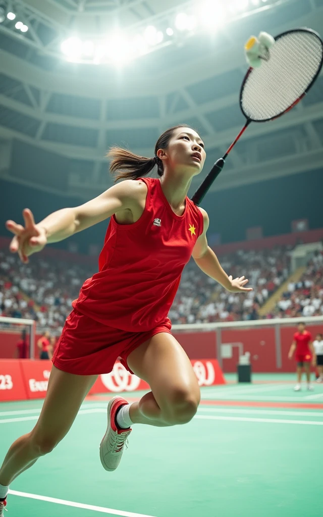 Chinese women&#39;s badminton，Red outfit，Beautiful facial features，White skin，full-body shot，Panoramic vistas，Wide-angle lens，Serve，Catch the ball，Jump Smash，Intense stimulation，Olympic Games Finals Background
