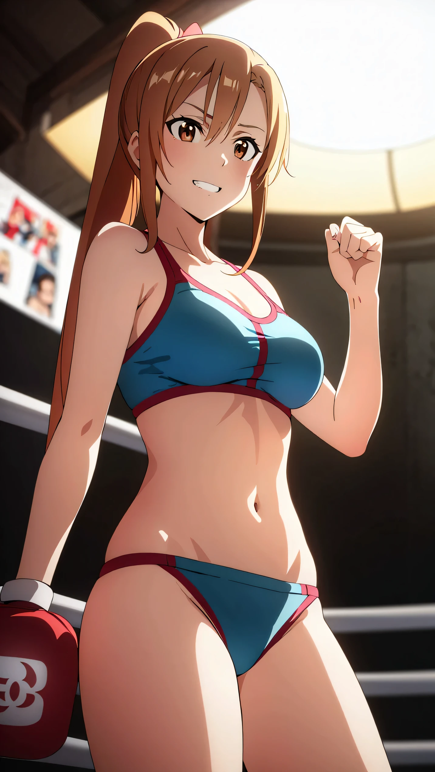 Alicization Anime Style Asuna \(star\), One person, Asymmetrical bangs, Braiding, Brown eyes, Brown Hair, Separate Sportswear, bikini, Hair between the eyes, Bright light, Long Hair, Short Ponytail, boxingリング, grinning, alone, Cowboy Shot, ((masterpiece)),from below,(boxing,Match), Martial Arts,boxingグローブ,