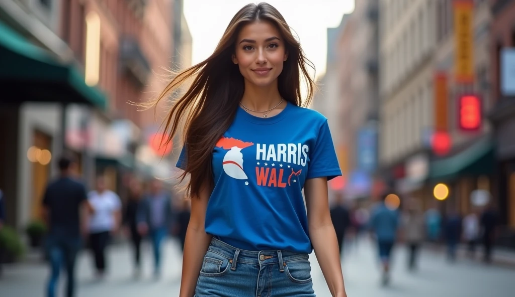 Brunette instagram model, walking down the street, tight blue jeans, and a blue shirt with the HARRIS WALZ Campaign logo on it