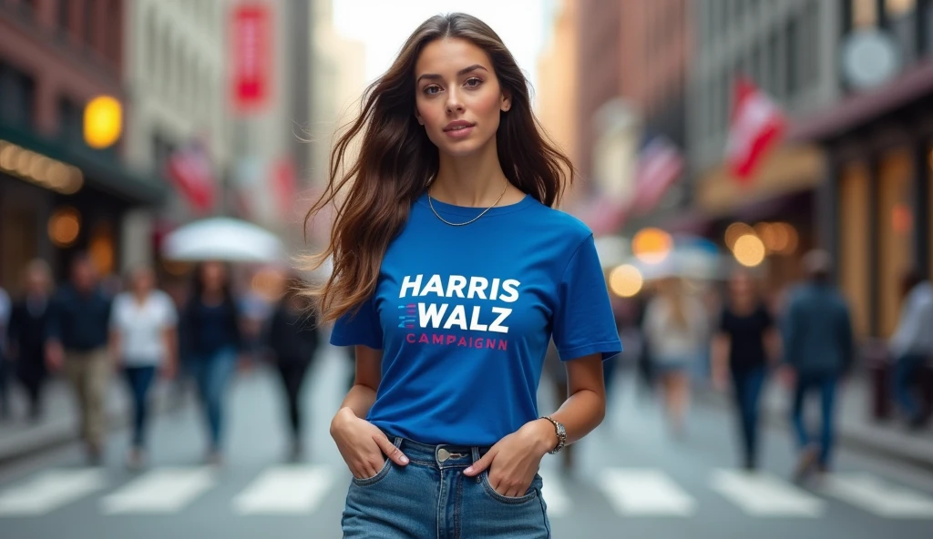 Brunette instagram model, walking down the street, tight blue jeans, and a blue shirt with the HARRIS WALZ Campaign logo on it