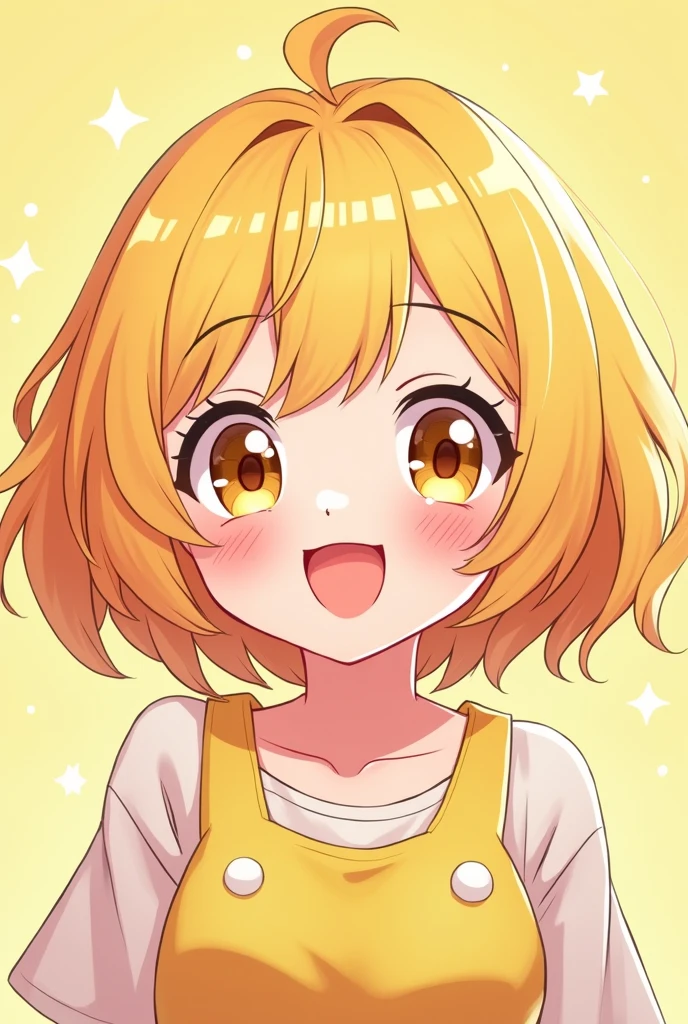 Create a 2d image of a cute anime girl smiling with light yellow hair excited vtuber