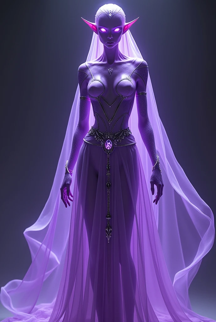 **Description Physique Précise d'Ambassador K'relth**
- **Forme générale** : Silhouette élancée, angulaire, avec des courbes fluides et un aspect spectral
- **Peau** : Violet éthéré, légèrement translucide, avec des reflets irisés et un éclat léger comme si elle était luminescente
- **Yeux** : Grands, perçants, couleur violet profond avec des pupilles fendues verticalement; légèrement luminescents avec un éclat surnaturel
- **Visage** : Traits anguleux et fins, avec des os saillants; mâchoire et pommettes bien définies, créant une apparence éthérée
- **Taille** : Environ 2 mètres de hauteur
- **Corpulence** : Mince mais avec une stature imposante, donnant une impression de légèreté et de grâce
- **Vêtements** : Robe longue et fluide, en tissu translucide et irisé, principalement violet avec des accents argentés; coupe élégante, légèrement évasée vers le bas
- **Accessoires** : Ceinture fine en métal léger, ornée de motifs géométriques et de petits cristaux lumineux; parfois une broche en forme de symbole galactique, discrète mais raffinée
- **Ambiance visuelle** : Aura de lumière douce autour de lui; effets visuels subtils tels que des éclats lumineux et une brume légère, accentuant son caractère spectral et mystique