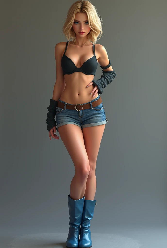 FULL BODY. A TEEN BUSTY FEMALE WITH SHORT BLONDE HAIR, BLUE EYES, WEARING A SEXY BLACK BRA AND BLUE BOOTS.ABSURD 8K RESOLUTION, INCREDIBLY DETAILED SKIN AND EYES. 