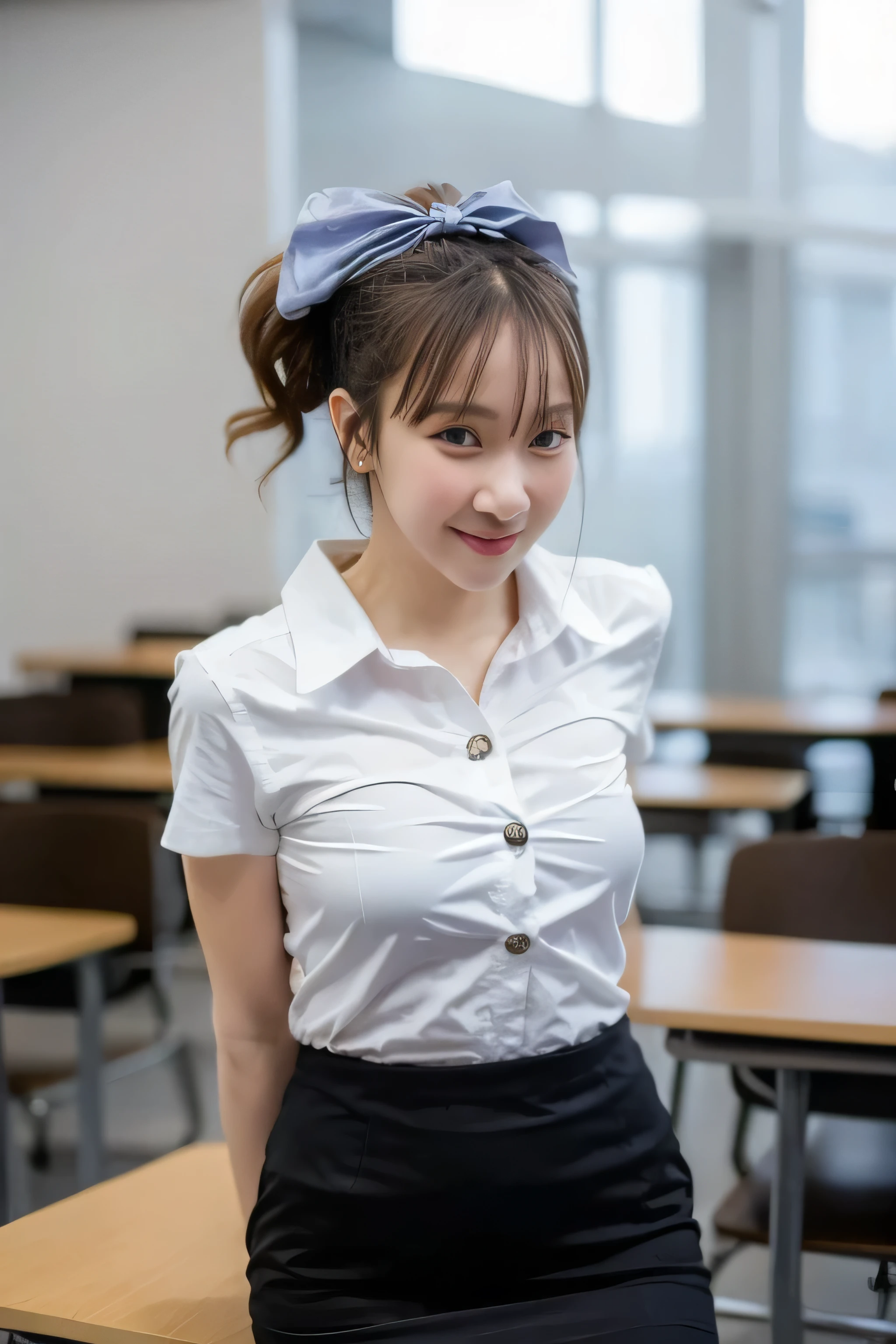 Close up,1 girl{{A beautiful woman wearing a white short-sleeved shirt and a short black pencil skirt}} ,( hair tied with a bow), standing, sexy pose.  with several lecture tables set up behind it  There is a sliding glass window.  There was evening light streaming into the room.