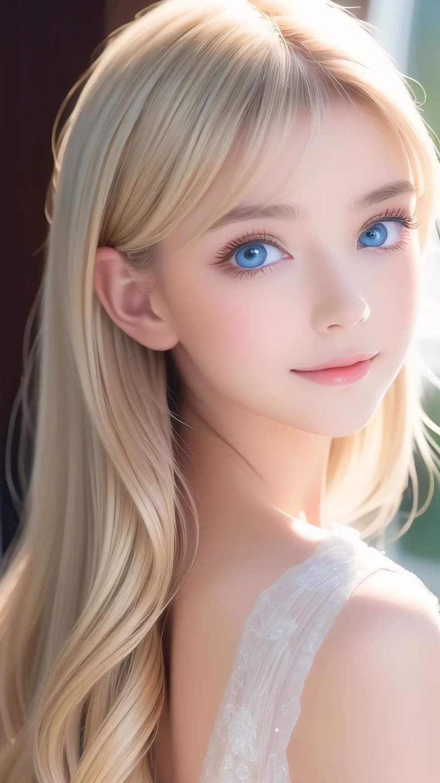 True Photo Quality、A beautiful girl、Extraordinary sexy beauty、Beautiful calm and bright expression、Sexy look、Perfect beautiful pretty face with bangs、Bangs between the eyes、Super long blonde straight silky hair、blonde on a beautiful face、Very cute beautiful sexy young little woman、Very perfect beautiful cute face、Beautiful, shining, very bright sky blue eyes、Very big eyes、Hair above the eyes、片Hair above the eyes、Hair between the eyes、Very bright and white skin、Cheek gloss、Small Face Beauty、round face、eyeliner