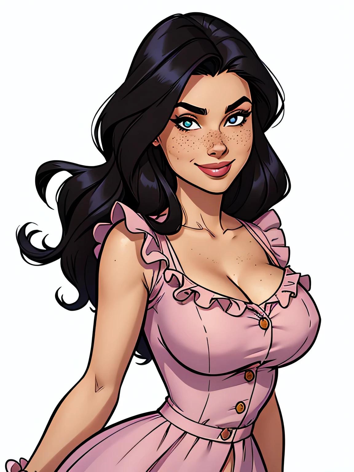 Thin woman, age 25, 4K (High definition), mysterious smile, seducing gaze, eyes browns, wearing a shocking pink dress with a boat neck (with buttons) and short sleeves (with white frills), arms positioned at the side of the body, Caucasian skin, straight black hair to shoulder length, standing (upper body), full of curves with freckles across her chest and neck, natural round breasts. Marvel style high quality, white background.
