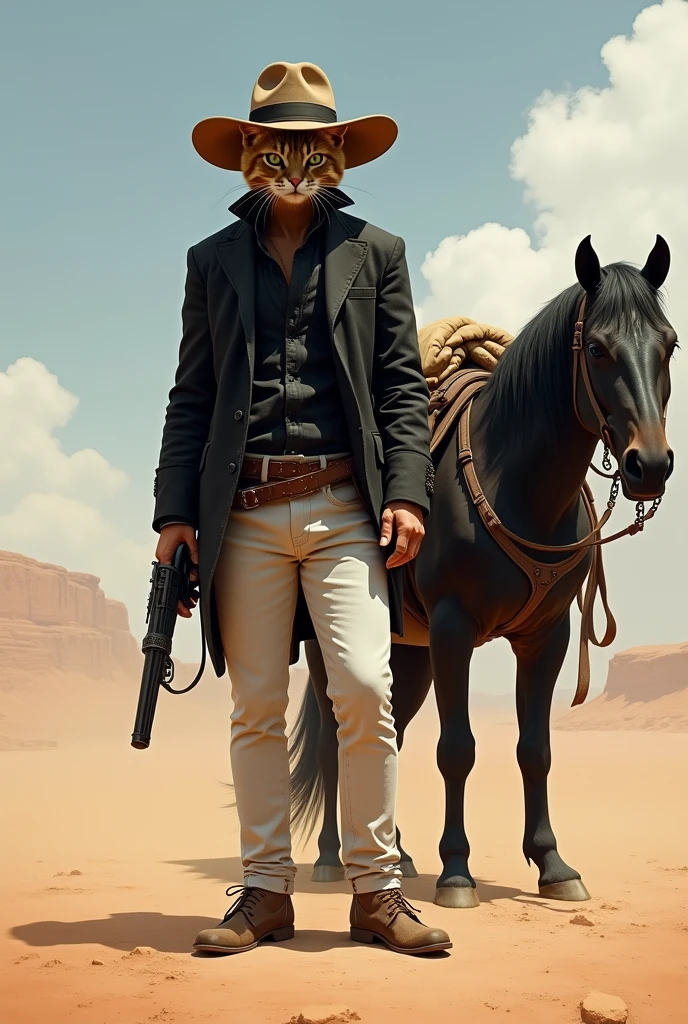 A human body cat as desert theives wearing a black jacket and a brown hat with white pant and a gun and horse in desert, horse description black in colour with bags on booth side