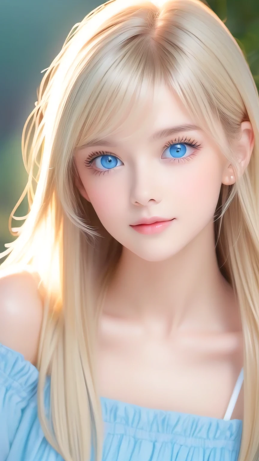 True Photo Quality、A beautiful girl、Extraordinary sexy beauty、Beautiful calm and bright expression、Sexy look、Perfect beautiful pretty face with bangs、Bangs between the eyes、Super long blonde straight silky hair、blonde on a beautiful face、Very cute beautiful sexy young little woman、Very perfect beautiful cute face、Beautiful, shining, very bright sky blue eyes、Very big eyes、Hair above the eyes、片Hair above the eyes、Hair between the eyes、Very bright and white skin、Cheek gloss、Small Face Beauty、round face、eyeliner