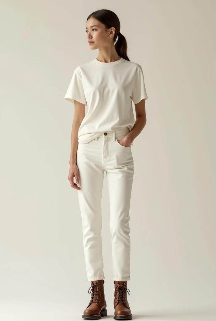 A girl wearing classy outfit,plain white tshirt of cotton wool material, white pant, brown boots
