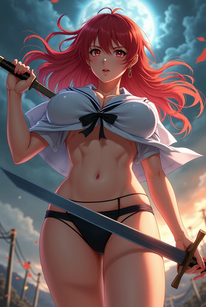 anime, adult woman, (((japanese schoolgirl uniform))), ((underboob)), (((skirt lifted by a draft revealing transparent with cameltoe))), big brl of air all around her, sword in one hand, storm decor, fighting pose, ref hair, camera angle low angle view from below, Correct anatomy, 5 fingered hands