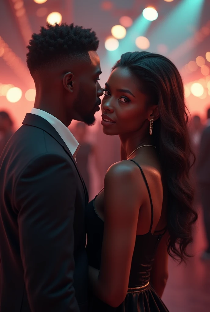Generate A beautiful black young woman and man with her black natural hair slicked back in her 20s. She should be realistic and human wearing a very decent dress and very curvy body shape a half picture in a very large room with people and a very handsome black man stealing a glance at her. Let the picture include the image of the lady just generated. Show a young man looking at the woman. Make it realistic, a young man looking with the woman from a distance at an event