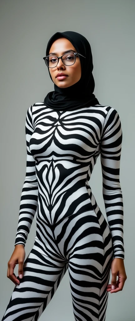 The beautiful muslimah adult girl wearing a glasses wears zebra lycra spandex zentai open face suit