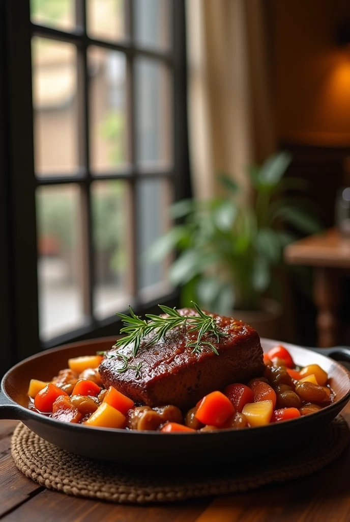 Pot roast beef, in a very pretty window that draws attention but is not a very bright color. "I checked" 