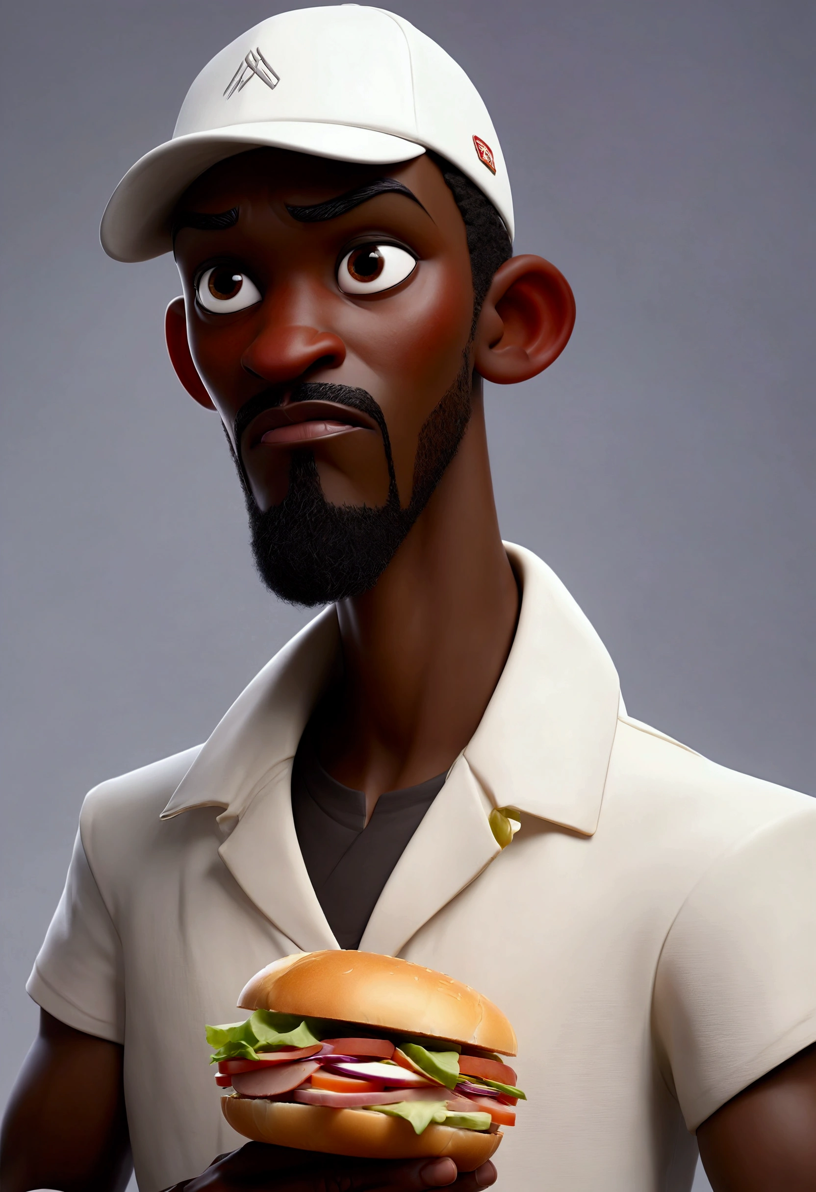 Tall, thin, black-skinned man with a goatee, with white clothes, with a white cap and a sandwich in his hand, no pissing style