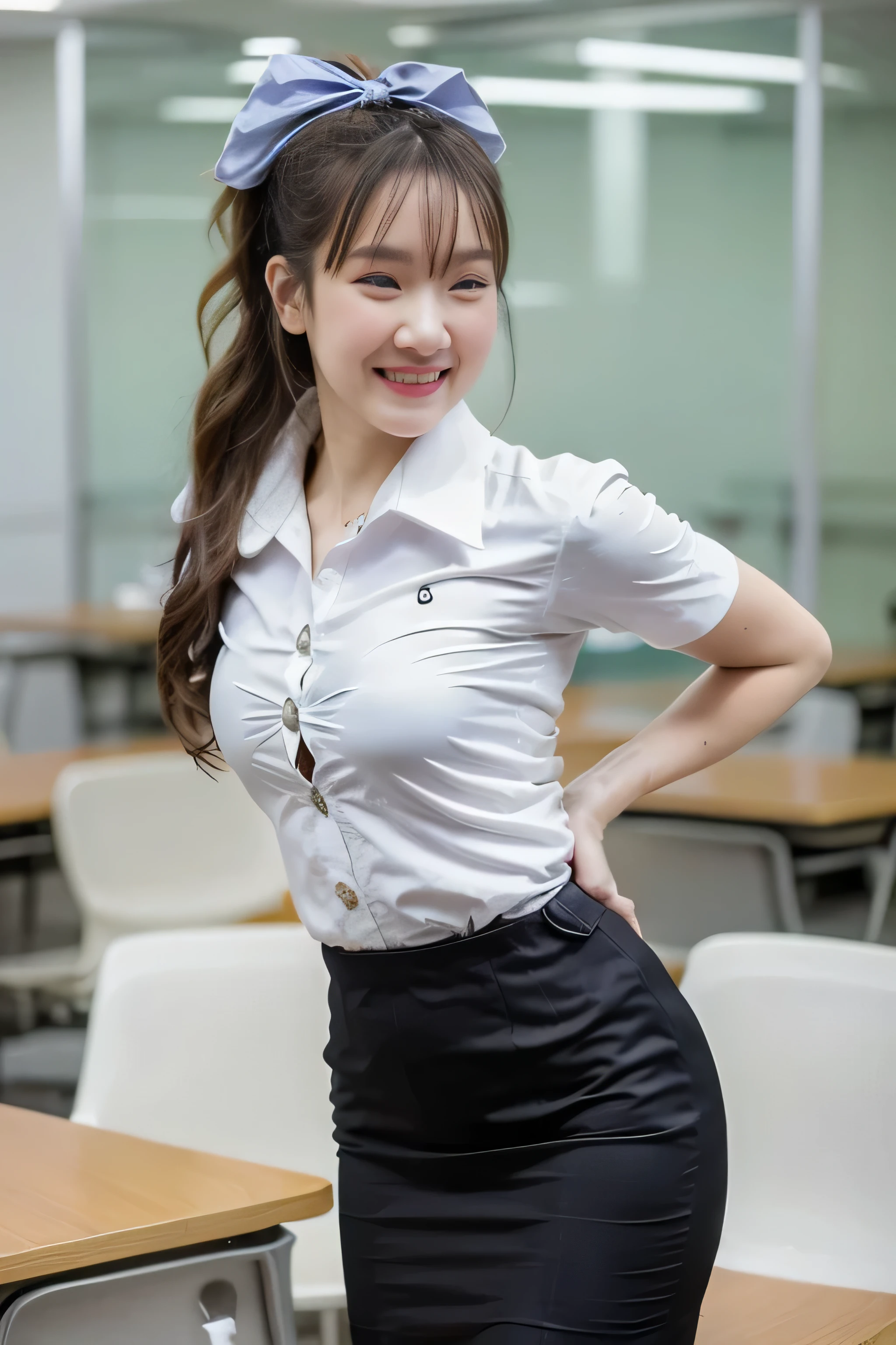 Close up,1 girl{{A beautiful woman wearing a white short-sleeved shirt and a short black pencil skirt}} ,( hair tied with a bow), standing, sexy pose.  with several lecture tables set up behind it  There is a sliding glass window.  There was evening light streaming into the room.