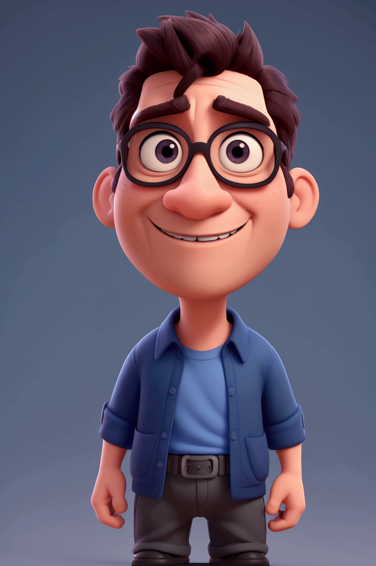 Cartoon character of a man in black glasses and blue shirt, an animated character, stylized character, animation style rendering, 3d stylized, Arnold Maya rendering, Stylized 3D rendering, toon render screenshot, 3d character, 3d character, Stylized 3D rendering, 3D character rendering, cartoon character, Personagem de close up, character posing, (Pixar-style) (master part:1.2) (bokeh) (best qualityer) (skin detailed) (detailed texture) (8k) (Argilla) (cinematic lighting) (sharp focus