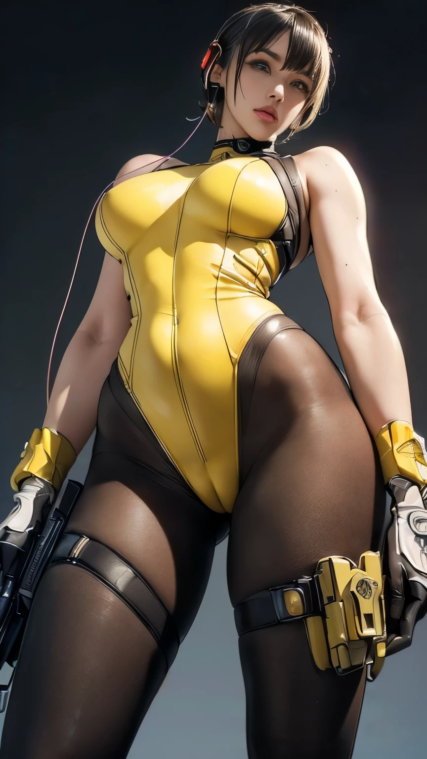 (A woman),(((A female special forces member stands))),((Yellow tactical High leg bodysuit:1.5)),((earphone:1.5)),((Tactical Holster:1.5)),(Gloves:1.5),(Serious:1.5),(Super short hair:1.5),(bionde:1.5),(beautiful eyes:1.3),(Very detailedな顔:1.5),((Very detailed drawing of a female hand:1.5)),((muscular:1.5)),(Sexy appearance:1.5),((Thick thighs:1.5)),(Beautiful Body:1.5),((Very sensual:1.5)),(The backdrop is a futuristic city:1.5),(Cyberpunk atmosphere:1.5),(((Blurred Background:1.5))),(Written border depth:1.5),rest(((masterpiece:1.5),(best quality:1.5),(Very detailed:1.5),(high resolution:1.5),(Practical:1.5),(Practical:1.5),(Delicate depiction),(Carefully drawn))),8k,wallpaper
