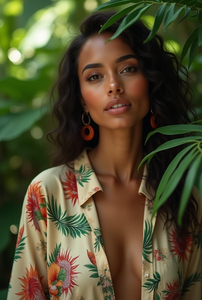 A Brazilian woman in a lush tropical garden, wearing an open shirt with a floral print, with a close-up capturing the harmonious beauty between her breasts and the natural flowers, showing off your natural charm and outgoing personality.