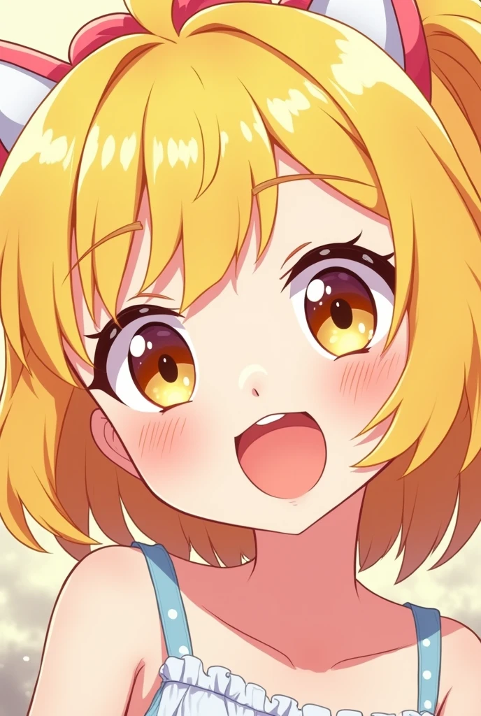 Create a 2d image of a cute anime girl smiling with light yellow hair excited vtuber