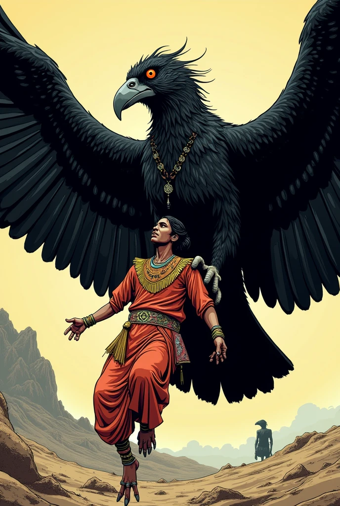 create an image of giant black vultures carrying an indian for comic book