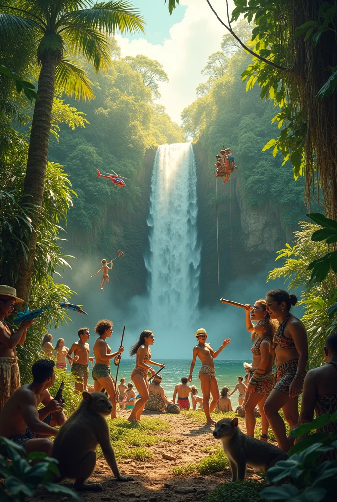 In the forest of the forest in the tropical mountains of Brazil, the sun shines on the waterfall where people are rappelling. the photo is taken from below, from the middle of the crowd and of asymmetrical composition. There is a party with musical instruments, tambourine, guitar, tambor, Flute, rabeca, atabaqui, grandfather, rattle,  people dancing each in their own way next to different animals, a bonfire and macaws, monkey, ounce, squirrel, Bunnygirl. A helicopter and a canoe. 