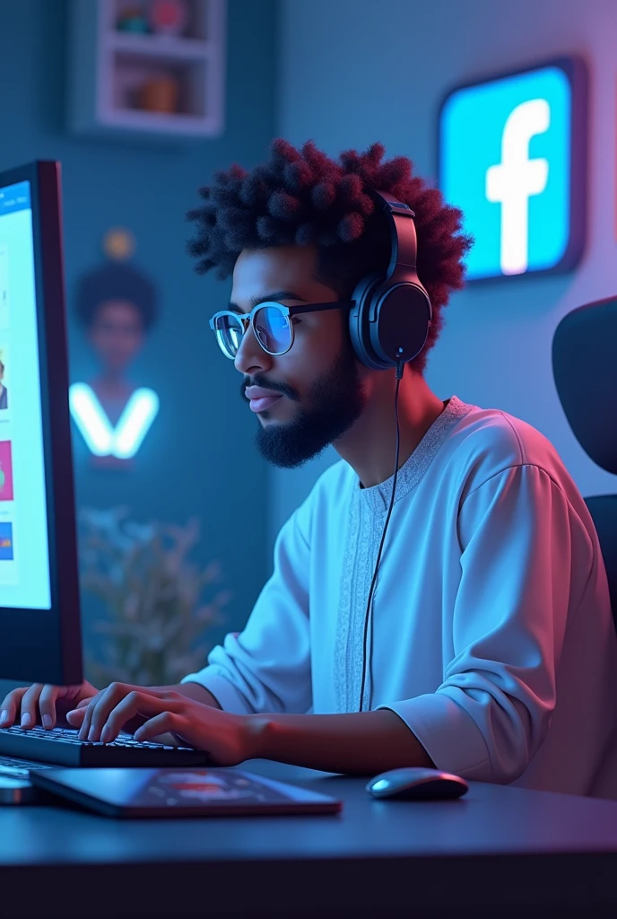 Create a 3D illustration featuring a realistic 20-year-old beautiful bearded boy busy developing software on a chair in front of a 3d logo of Facebook the boy wearing hausa dress from Northern Nigeria, with glasses,with headphones,the background of the image should showcase a social media profile page and the username Zulkiflu_Abdul A Ziz and a matching profile picture] and modify it according to your perspective 