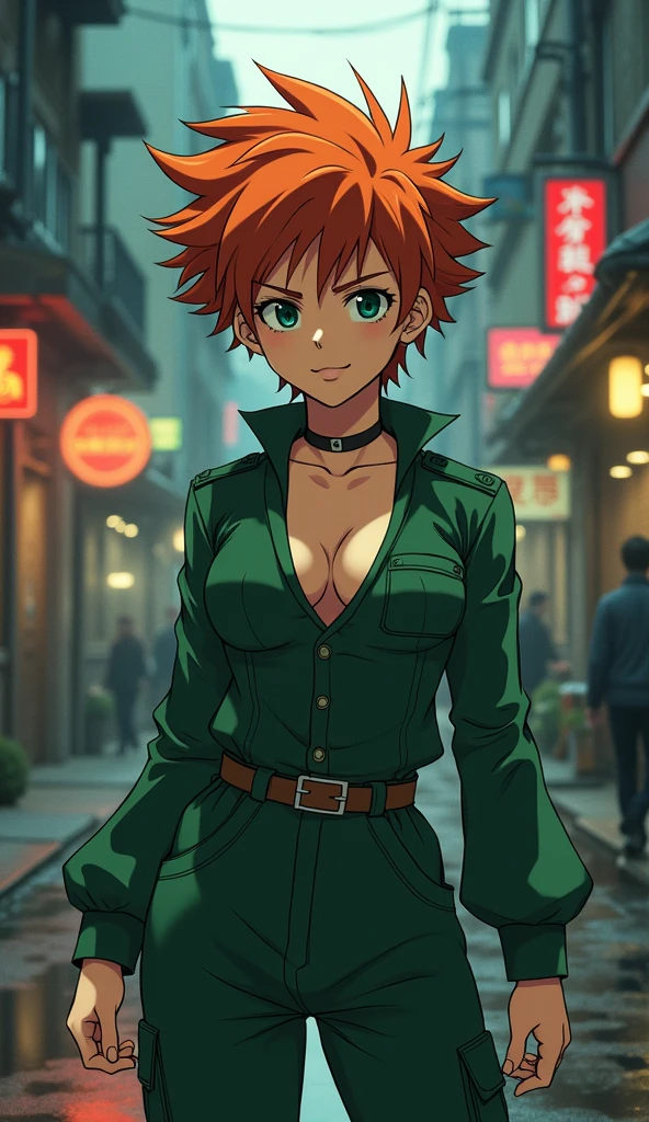 Create a live-action depiction of a gender-swapped version of Kazuma Kuwabara as a female character. She should retain the original’s hairstyle and outfit, with clothing designed to emphasize cleavage. The background should reflect the original’s setting with realistic details.