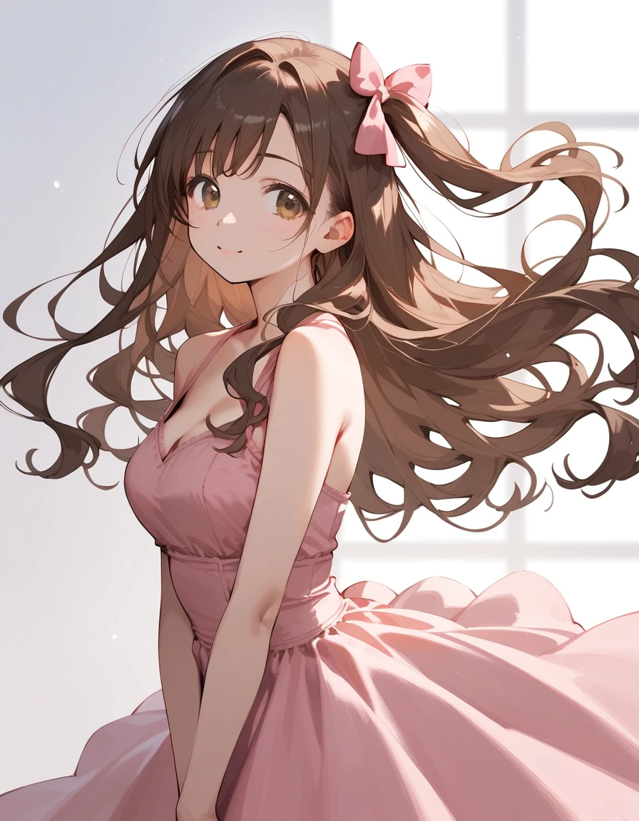 score_9,score_8_up,score_7_up,masterpiece,highres,high contrast(realistic:1.1)1 woman,uzuki shimamura, long hair, brown hair, wavy hair, one side up, hair bow, brown eyes,busty,pink dress