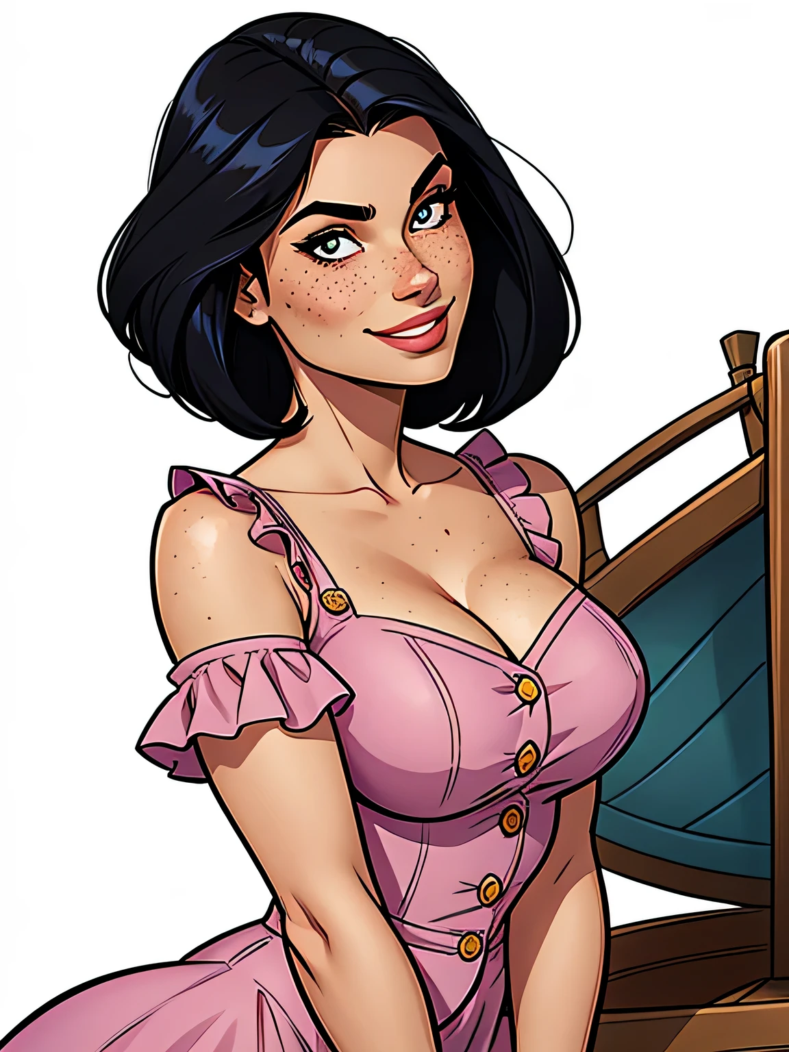 Thin woman, age 25, 4K (High definition), mysterious smile, seducing gaze, eyes browns, wearing a shocking pink dress with a boat neck (with buttons) and short sleeves (with white frills), arms positioned at the side of the body, Caucasian skin, straight black hair to shoulder length, standing (upper body), full of curves with freckles across her chest and neck, natural round breasts. Marvel style high quality, white background.