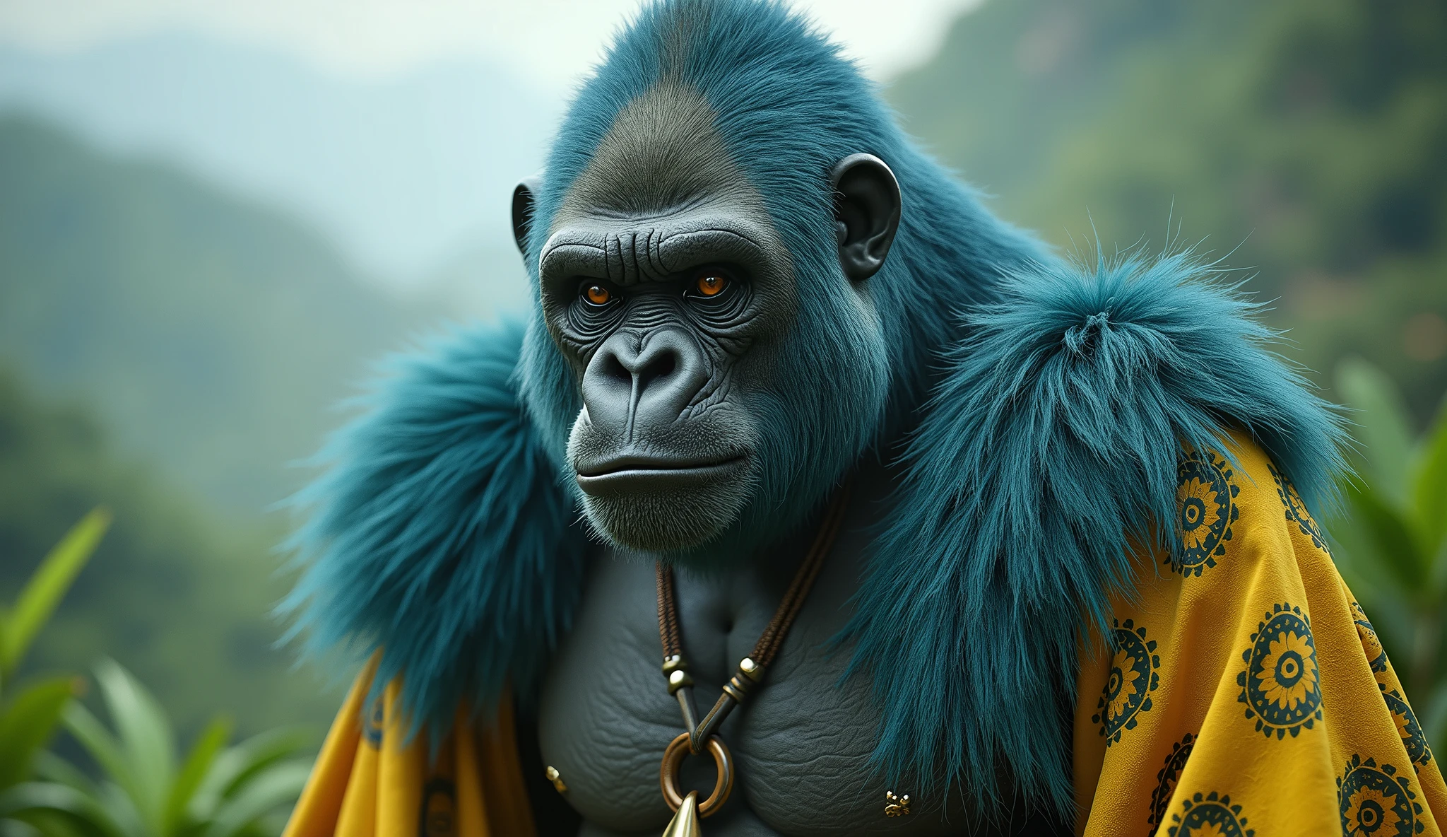 Rwanda as a jungle african League of Legend Gorilla creature in light blue, yellow and green. Intricated clothing. Cinematic Fantasy sci-fi landscape background