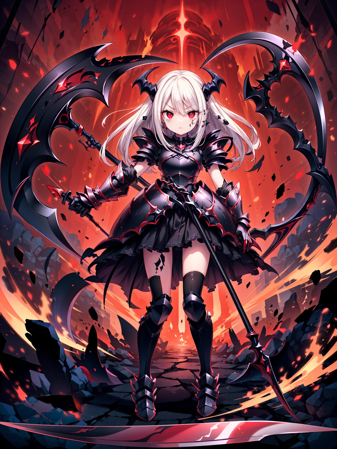 (((Masterpiece, best quality, 16k))) female character with long white hair and piercing red eyes. She wears a demonic armor in purple, black, and white. wields a large, stylized scythe. The character has a menacing expression, with a chaotic environment as the background. ((full body front view)). ((slender)), (extremely detailed:1.5), (long white hair:1.2), (piercing red eyes:1.2), (chaotic environment:1.1), (demonic armor:1.3), (stylized scythe:1.3).