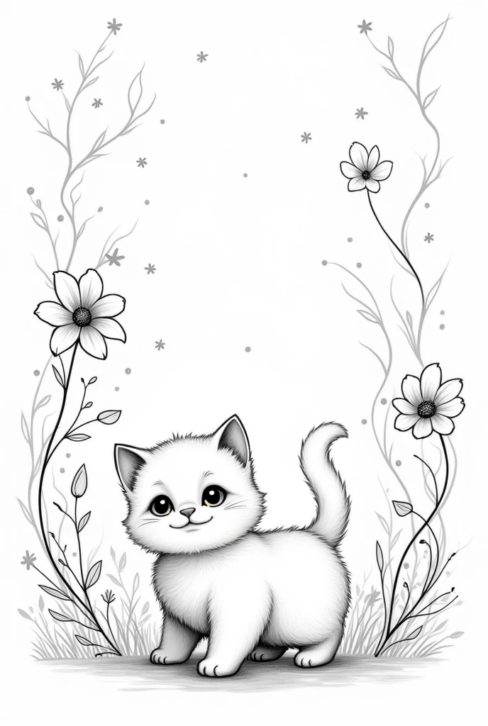 cute cat drawing playing , fancy, magical details, with MYSTIC lines, unusual, offwhite, uncolored, monochrome, wavey lines, realistic line art drawing, coloring book page , thick, crisp lines, sketch art, centered image with flowers in the background