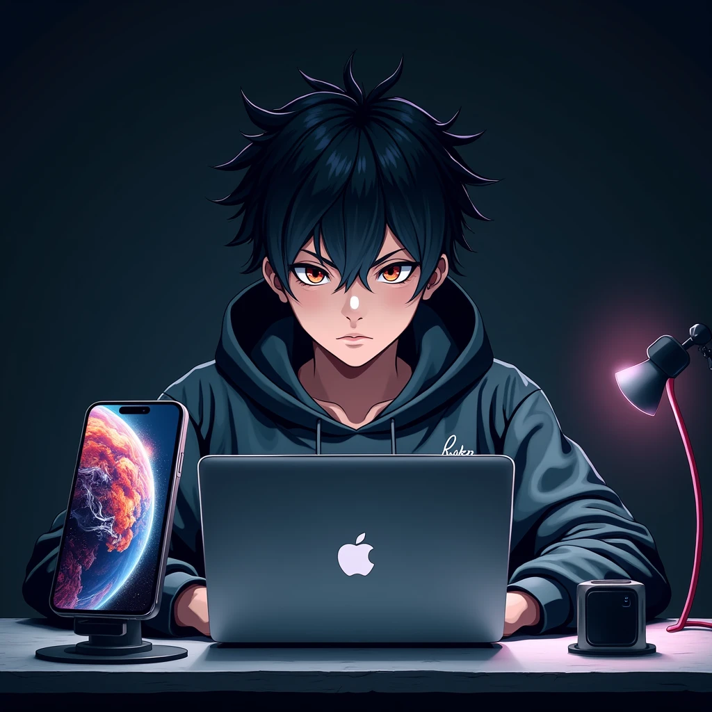 Anime like boy looking like an hacker using mac book also having an iphone 15 pro max on his table on his phone stand with screen on where his photo is the wallpaper and dynamic island is clear background is like a hacker details are ultra clear picture from the front like a wallpaper for smart watch 
