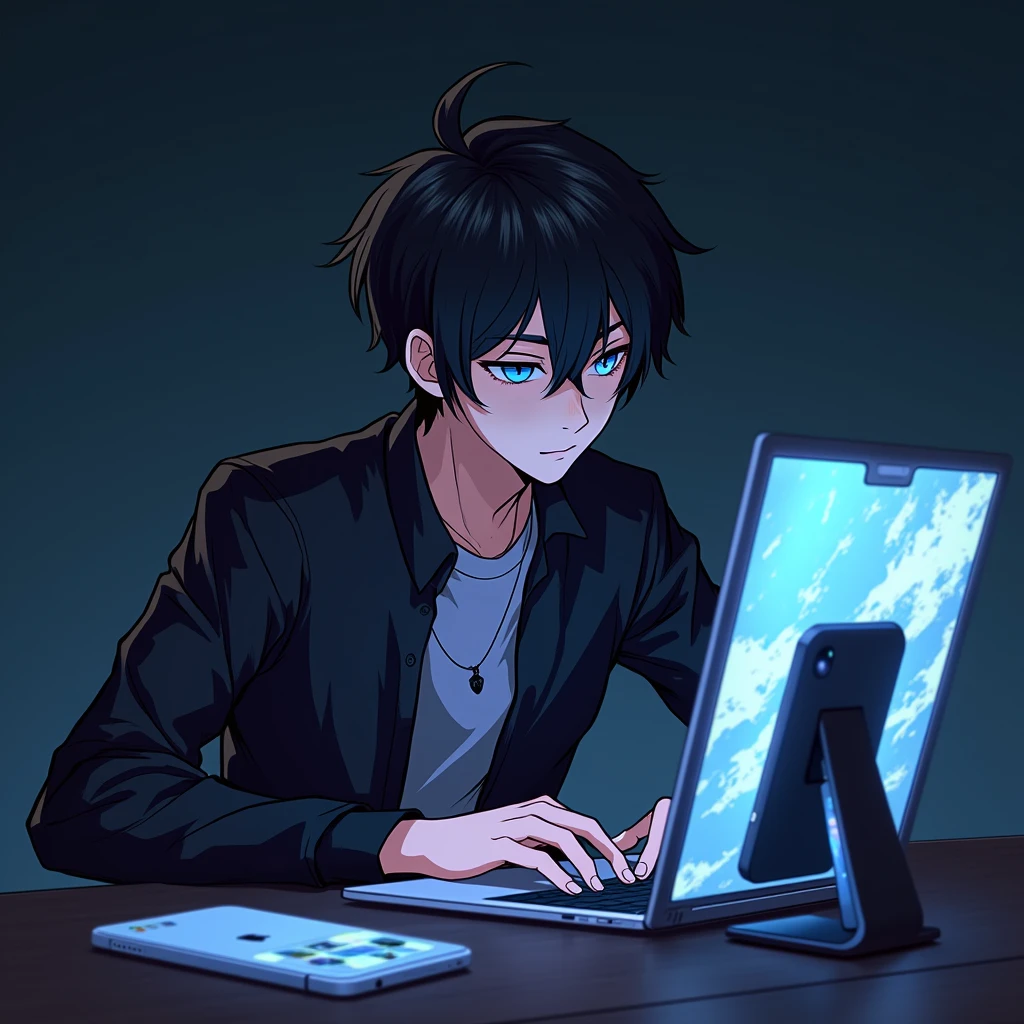 Anime like boy looking like an hacker using mac book also having an iphone 15 pro max on his table on his phone stand with screen on where his photo is the wallpaper and dynamic island is clear background is like a hacker details are ultra clear picture from the front like a wallpaper for smart watch
