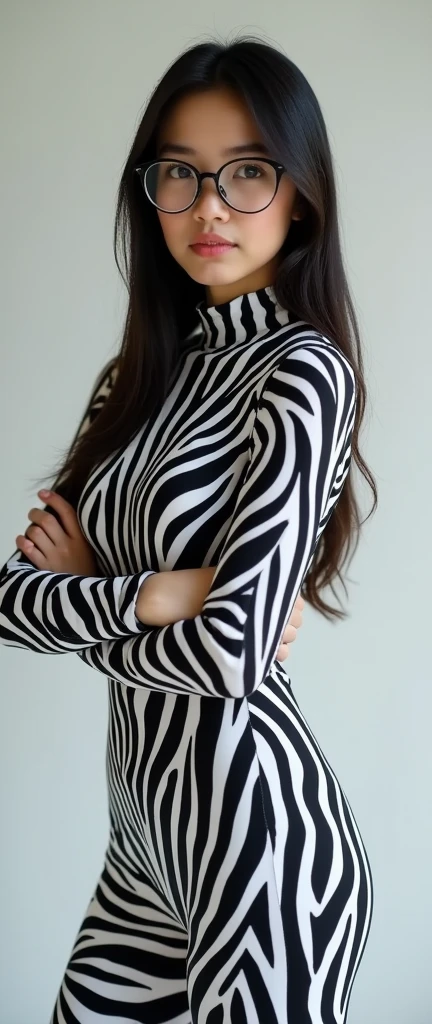 The beautiful Asian muslimah adult girl wearing a glasses wears zebra print lycra spandex zentai open face suit
