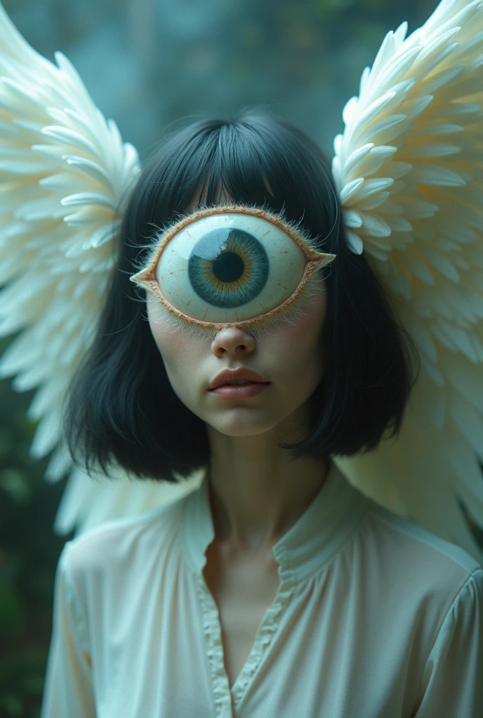 dreamcore girl with one eye giant on his face, short black hair, she has only one giant eye, and around the eye there are wings