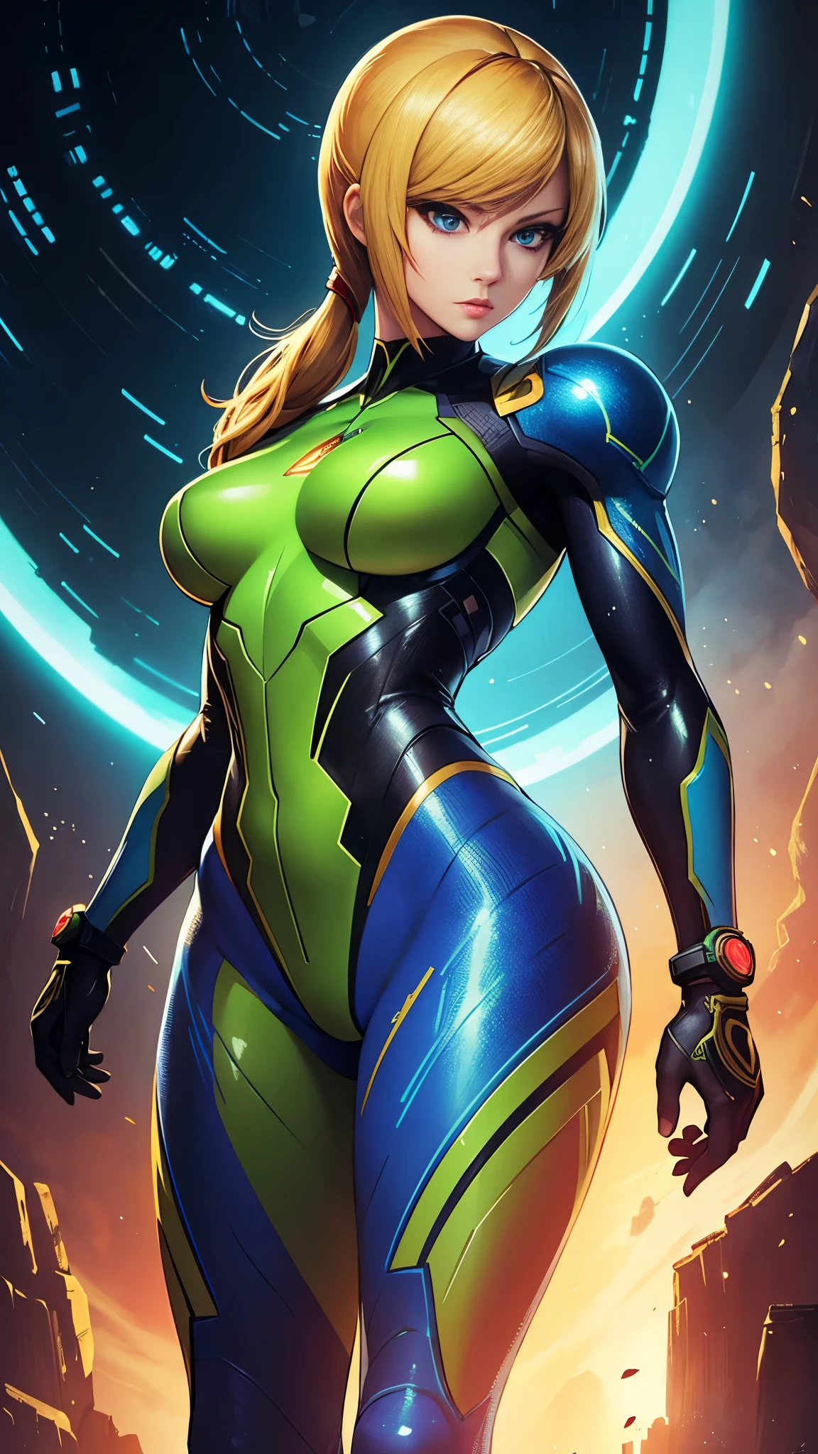 a detailed illustration of samus aran,samus aran,power suit,extremely detailed,photorealistic,beautiful detailed face,gorgeous detailed eyes,elegant detailed pose,sci-fi background,cinematic lighting,dramatic composition,vibrant colors,masterpiece quality