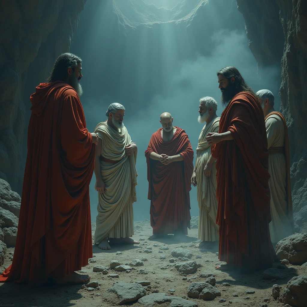 Dante with Virgil watching Socrates in the first circle of hell, Tales, Plato, Aristotle and Solon. (ultrarealistic image)