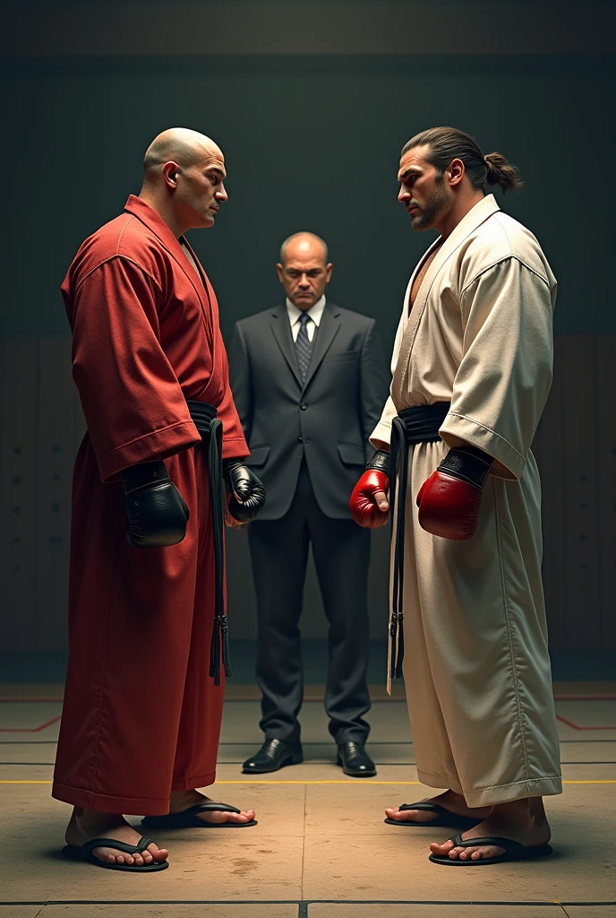 Crée moi une image d'un pratiquant de boxe americaine homme en tenu traditionnel, 
face à un combattant homme en kimono,
 sur un tapis de gym, 
 avec un arbitre en costume
