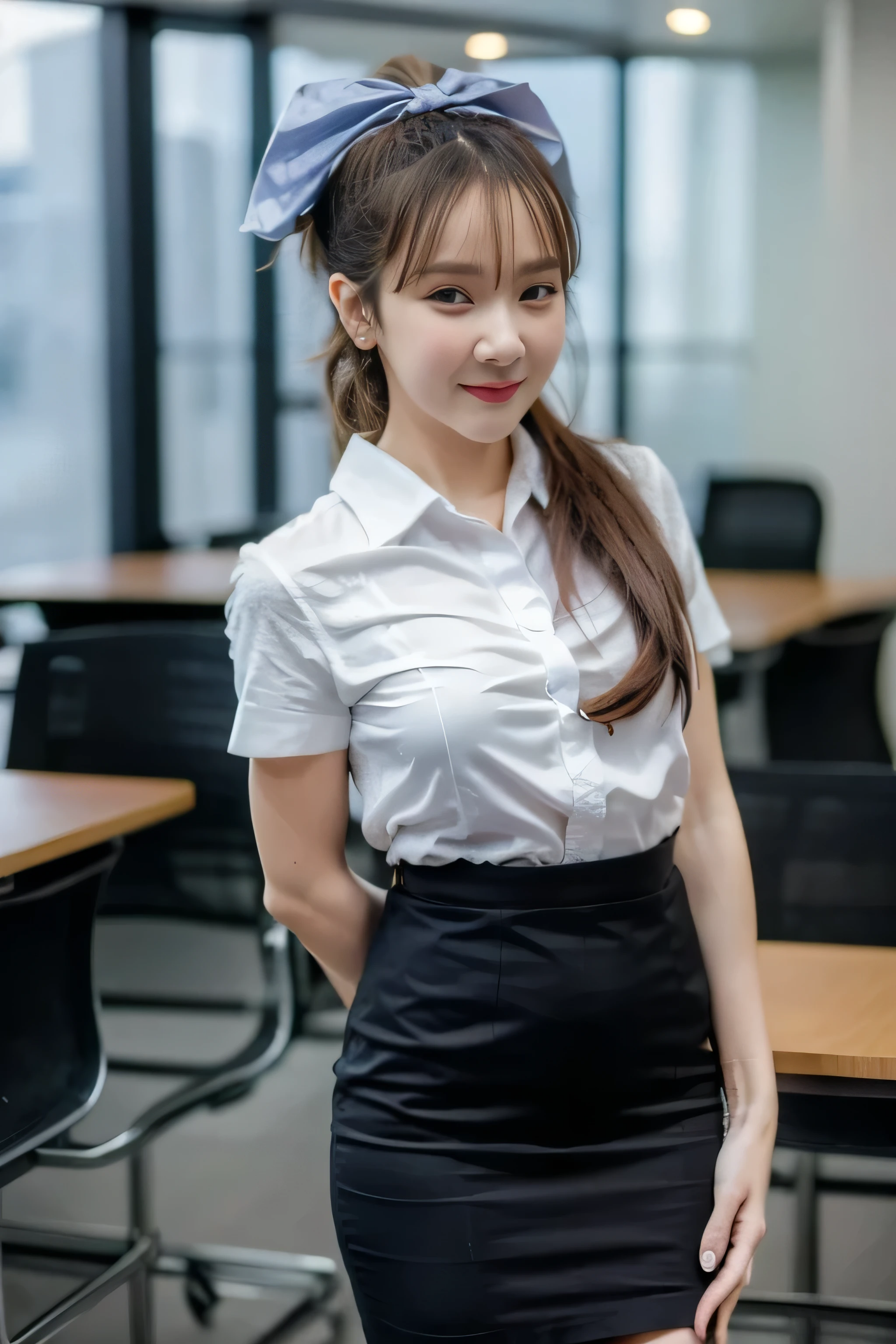 Close up,1 girl{{A beautiful woman wearing a white short-sleeved shirt and a short black pencil skirt}} ,( hair tied with a bow), standing, sexy pose.  with several lecture tables set up behind it  There is a sliding glass window.  There was evening light streaming into the room.