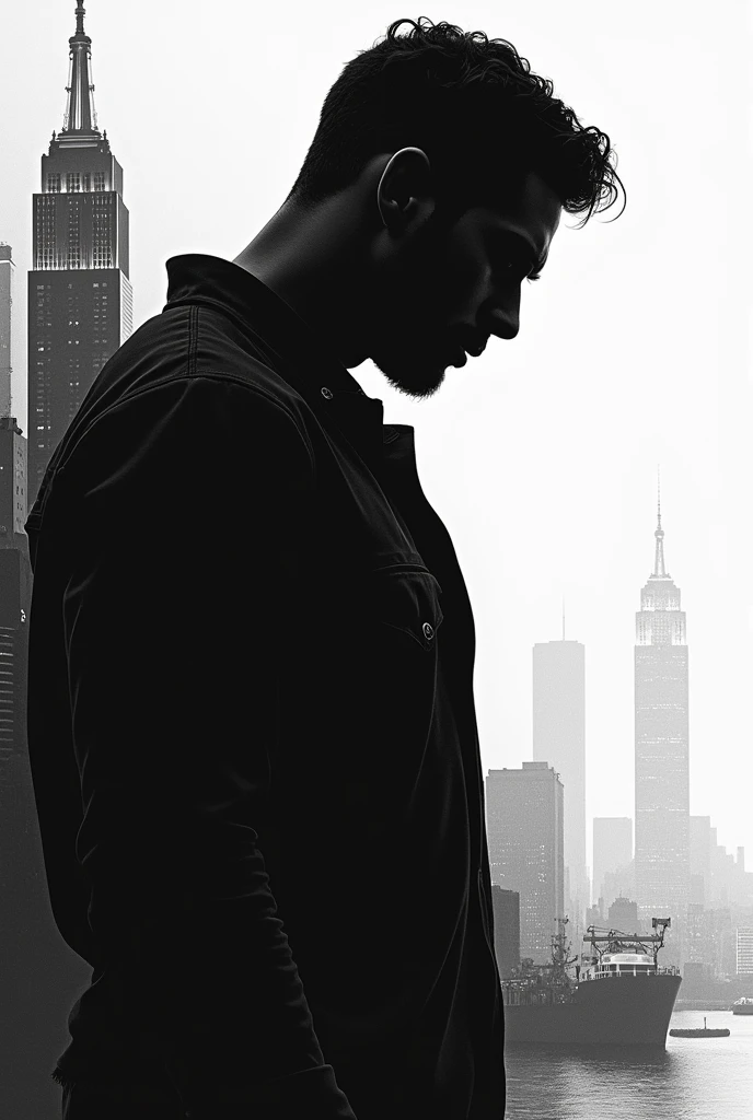 An image of a black and white silhouette of a man, another image of the man with his back turned, another background like a city