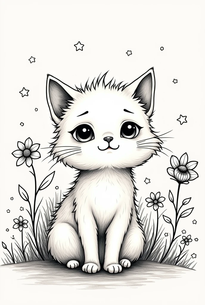 cute cat drawing , fancy, magical details, with MYSTIC lines, unusual, offwhite, uncolored, monochrome, wavey lines, realistic line art drawing, coloring book page , thick, crisp lines, sketch art, centered image with flowers in the background