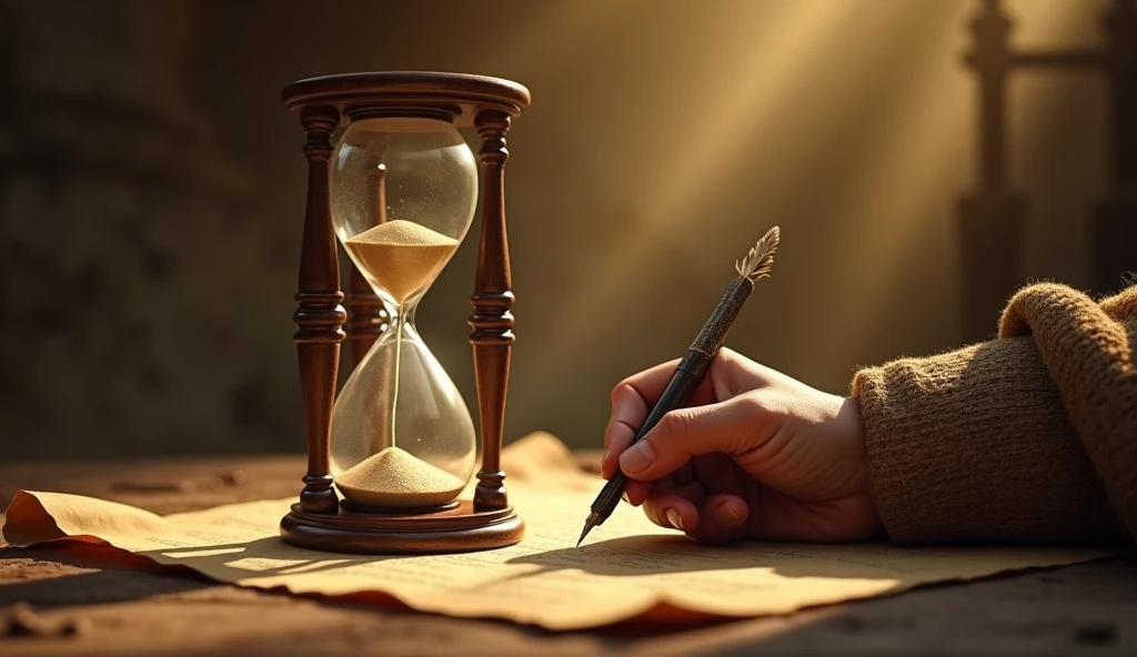 Create a hyper-realistic and mysterious image of an ancient hourglass, where the grains of sand are slowly falling, symbolizing the passage of time and the importance of patience. Beside the hourglass, a hand of a man from biblical times is writing on a parchment with a quill, representing the continuous and dedicated action that accompanies time. The background should be softly blurred, with the golden light focusing on the hourglass and the hand, creating an atmosphere of reflection and meaning, highlighting that patience and persistence are essential to achieving lasting success.
