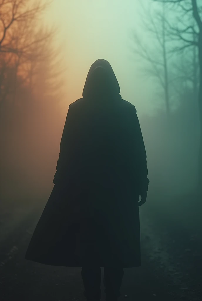 A dark, shadowy silhouette of a person facing backwards or an object, partially hidden, against a mysterious, foggy background that has multiple colors . This gives an air of intrigue and anonymity.