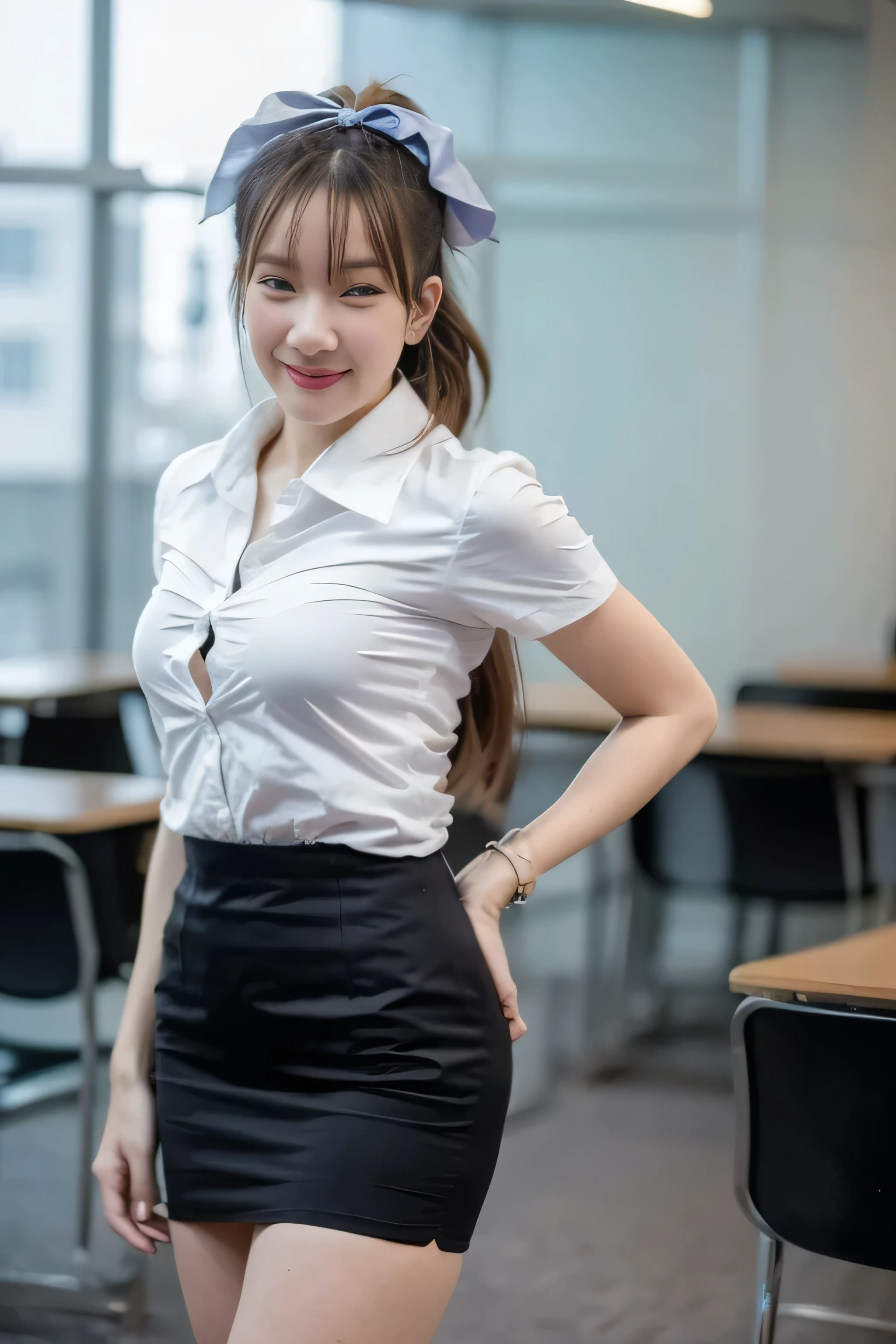 Close up,1 girl{{A beautiful woman wearing a white short-sleeved shirt and a short black pencil skirt}} ,( hair tied with a bow), standing, sexy pose.  with several lecture tables set up behind it  There is a sliding glass window.  There was evening light streaming into the room.