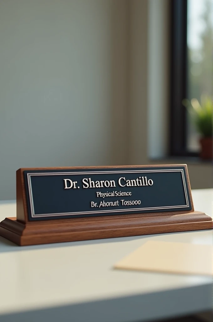 Create me a modern looking desk nameplate that says the following: "Dr. Sharon Cantillo, Physical Science."