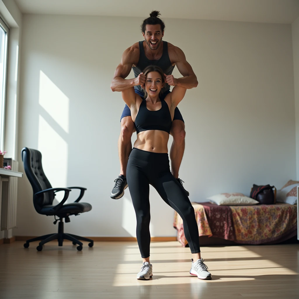 A high-definition photograph of a strong, athletic woman effortlessly lifting a man above her shoulders in a minimalist indoor setting. The woman is focused, with her feet planted firmly on the polished floor, while the man has an expression of surprise and excitement. The room is simply decorated, with a modern office chair, a colorful bedspread, and a small shelf with bags in the background. Taken with a Nikon D850, 24mm lens, f/2.8, in natural light pouring in from a window to the side, casting soft shadows and creating a dynamic contrast in the scene.